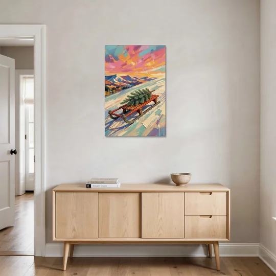 Christmas Paintings on Canvas Sled with Fir Tree - Canvas Wall Art - Coffee Table - 24x36