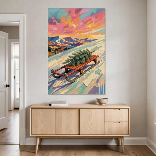 Christmas Paintings on Canvas Sled with Fir Tree - Canvas Wall Art - Coffee Table - 40x60