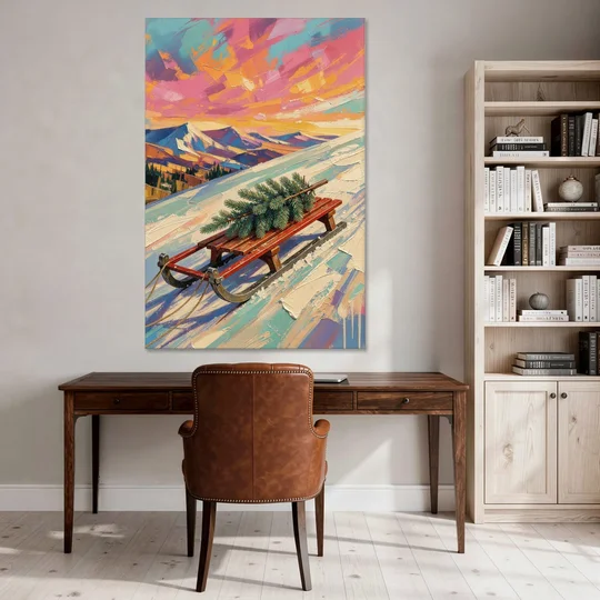 Christmas Paintings on Canvas Sled with Fir Tree - Canvas Wall Art - Office - 40x60