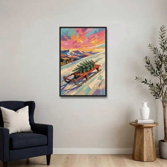 Christmas Paintings on Canvas Sled with Fir Tree - Black Framed Canvas Wall Art - Sofa - 24x36