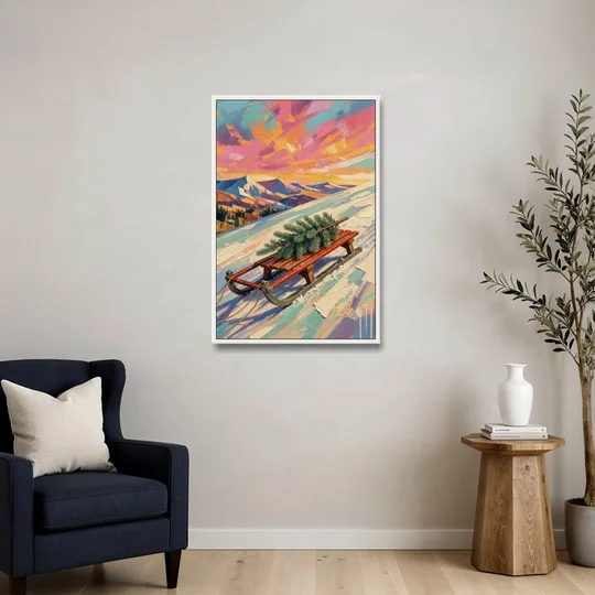Christmas Paintings on Canvas Sled with Fir Tree - White Framed Canvas Wall Art - Sofa - 24x36