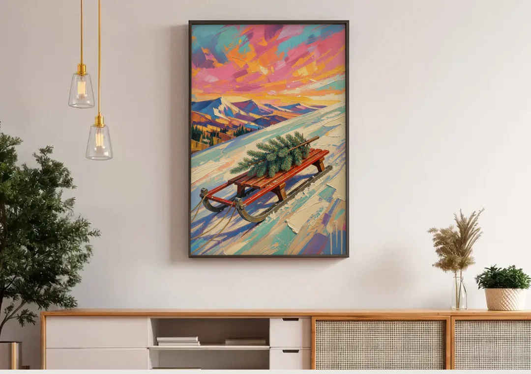 Christmas Paintings on Canvas Sled with Fir Tree canvas wall art above a wooden sideboard under pendant lights