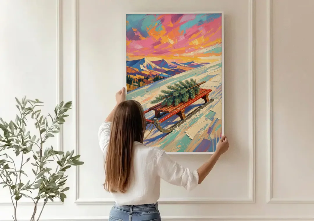 Christmas Paintings on Canvas Sled with Fir Tree canvas wall art being hung on a paneled wall