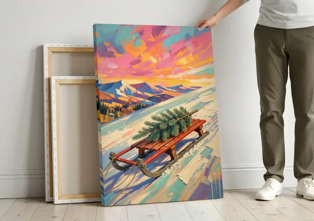 Christmas Paintings on Canvas Sled with Fir Tree canvas wall art leaning against a wall next to blank canvases