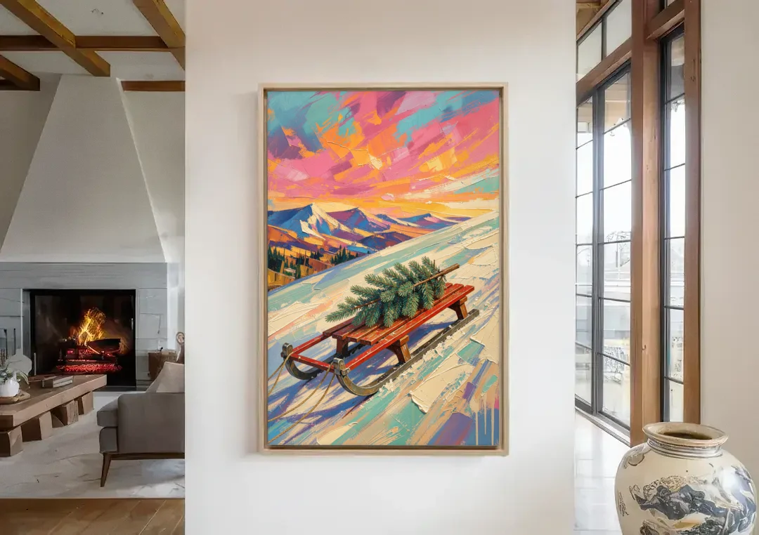 Christmas Paintings on Canvas Sled with Fir Tree canvas wall art in a living room with a fireplace
