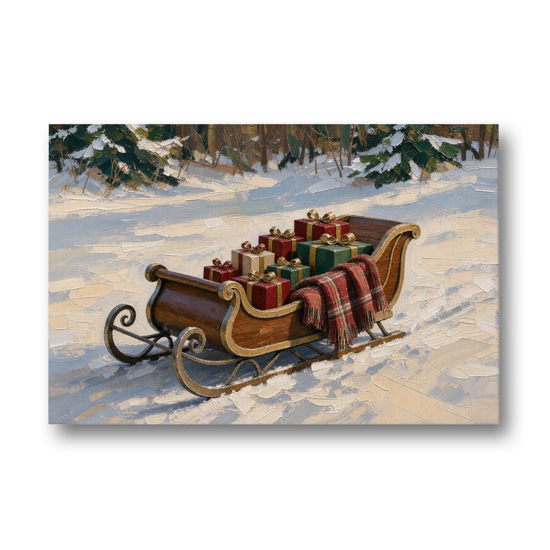 Christmas Sleigh Painting with Plaid Blanket - Canvas Wall Art - Front