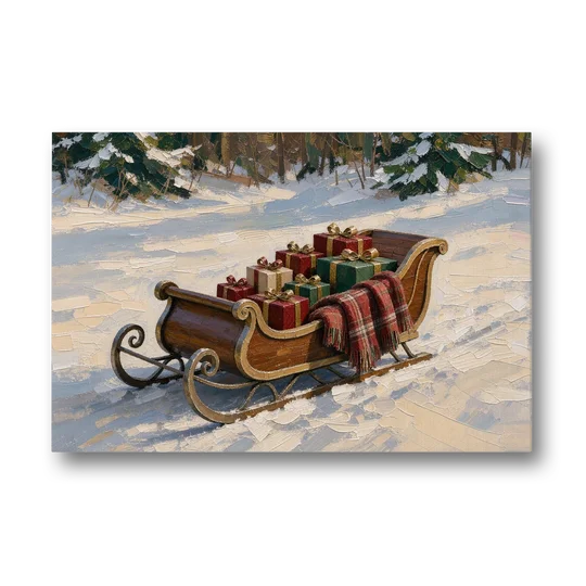 Christmas Sleigh Painting with Plaid Blanket - Canvas Wall Art - Front