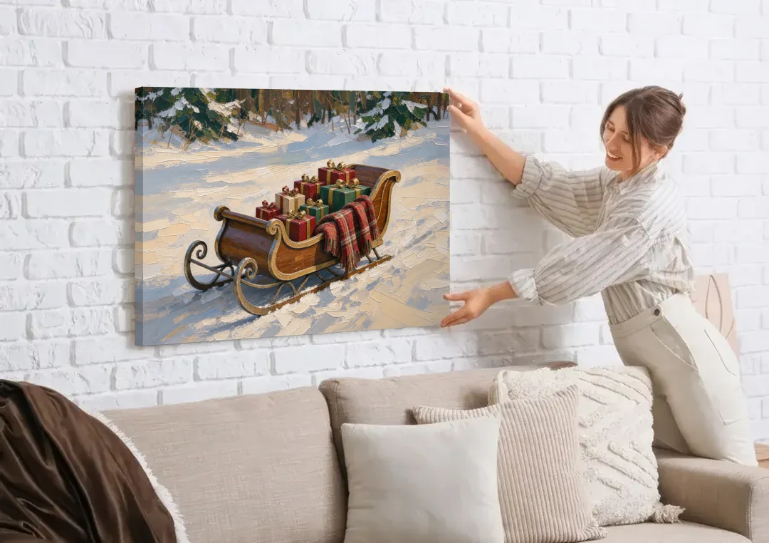 Christmas Sleigh Painting with Plaid Blanket canvas wall art being hung on a white brick wall above a sofa