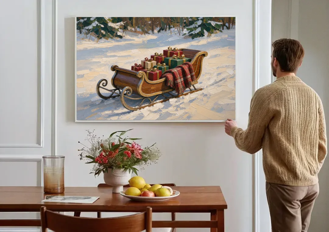 Christmas Sleigh Painting with Plaid Blanket canvas wall art above a dining table