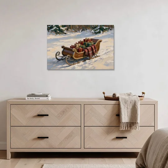 Christmas Sleigh Painting with Plaid Blanket - Canvas Wall Art - Coffee Table - 36x24