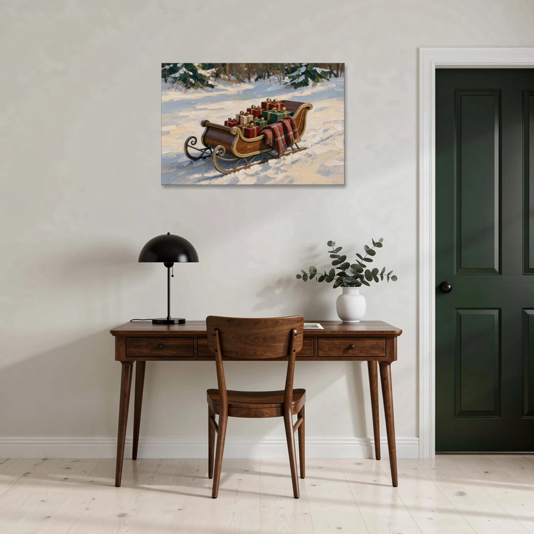 Christmas Sleigh Painting with Plaid Blanket - Canvas Wall Art - Office - 36x24