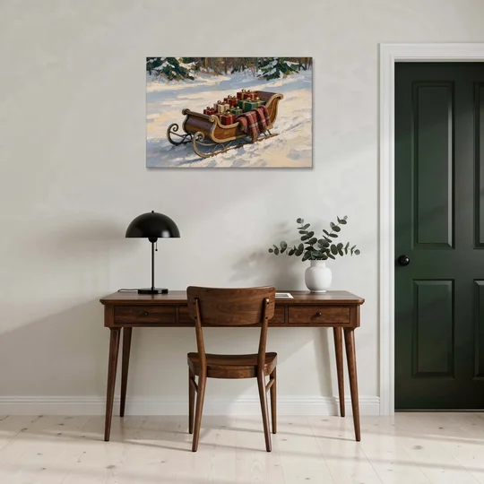 Christmas Sleigh Painting with Plaid Blanket - Canvas Wall Art - Office - 36x24