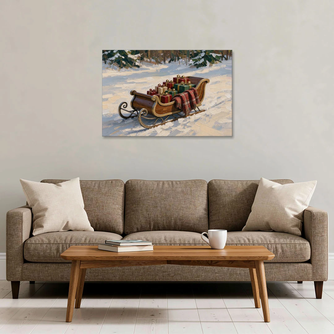 Christmas Sleigh Painting with Plaid Blanket - Canvas Wall Art - Sofa - 36x24