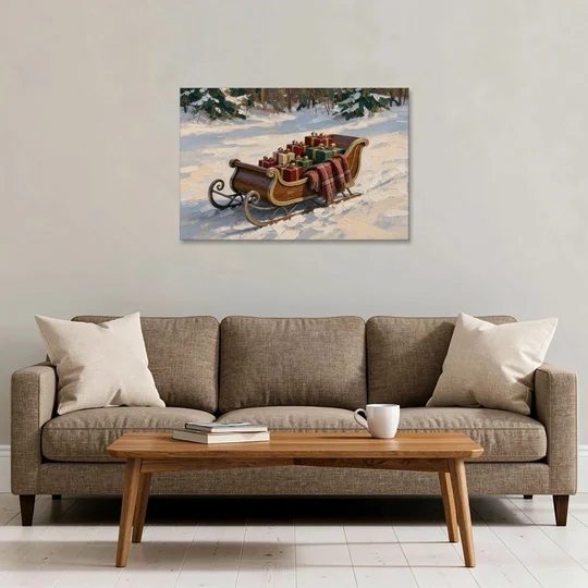 Christmas Sleigh Painting with Plaid Blanket - Canvas Wall Art - Sofa - 36x24