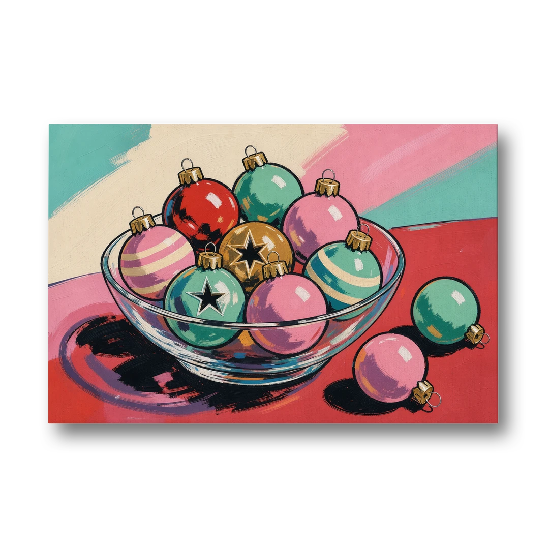 Christmas Still Life Painting of a Bowl of Baubles - Canvas Wall Art - Front