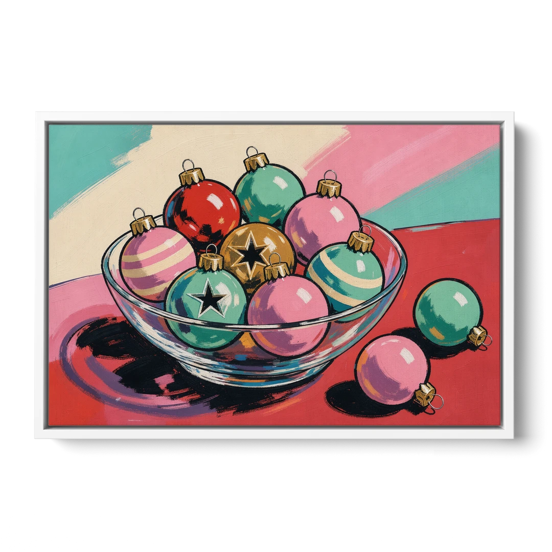 Christmas Still Life Painting of a Bowl of Baubles - White Framed Canvas Wall Art - Front