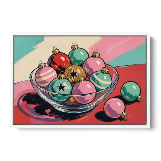 Christmas Still Life Painting of a Bowl of Baubles - White Framed Canvas Wall Art - Front