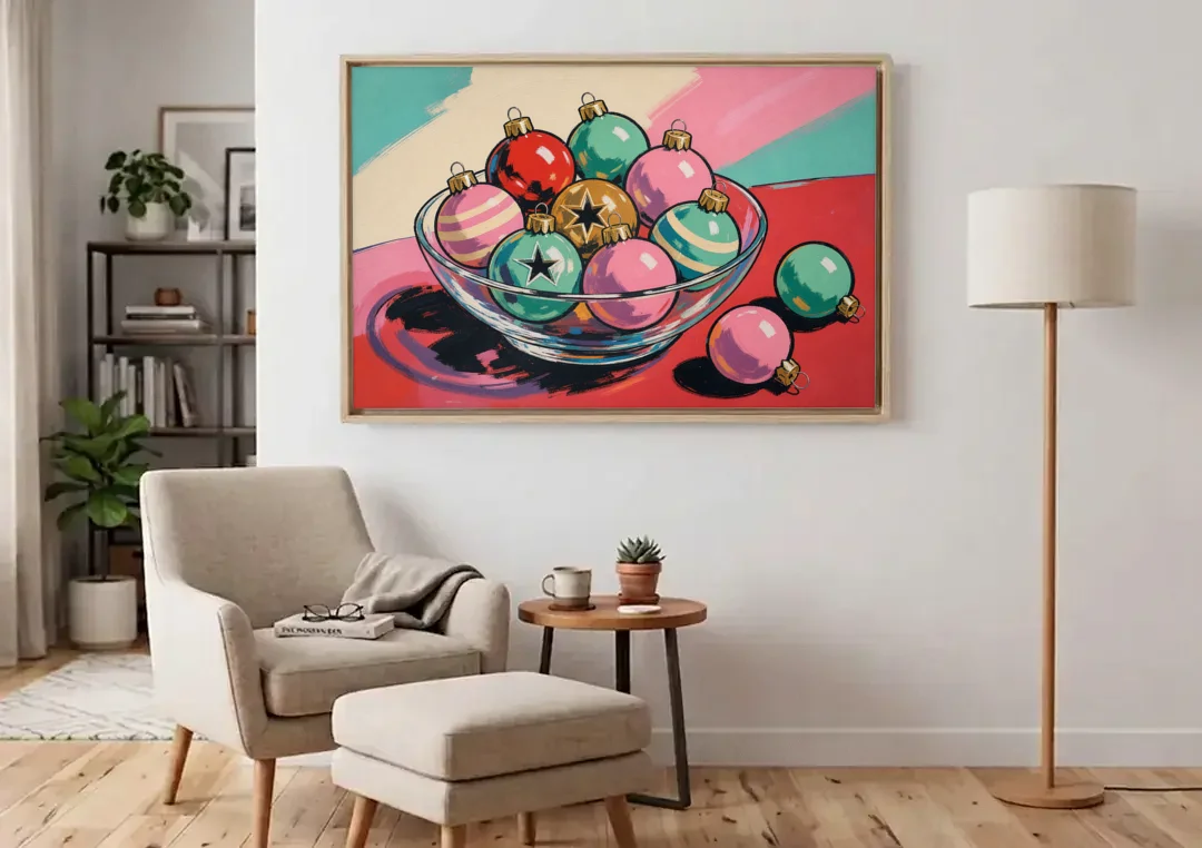 Christmas Still Life Painting of a Bowl of Baubles canvas wall art above an armchair in a bright living room