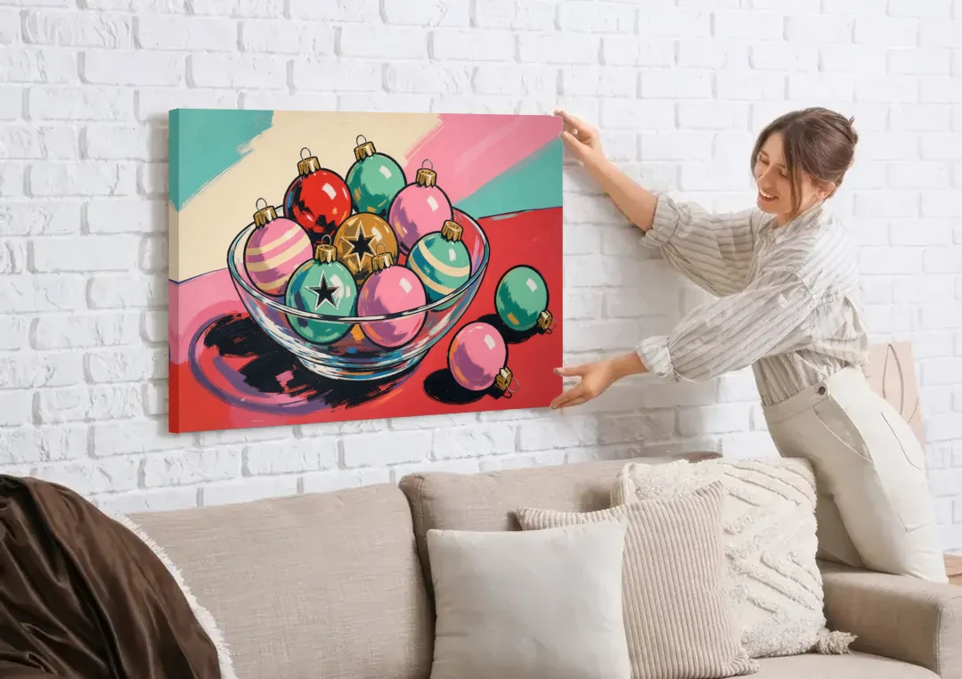 Christmas Still Life Painting of a Bowl of Baubles canvas wall art being hung on a white brick wall above a sofa