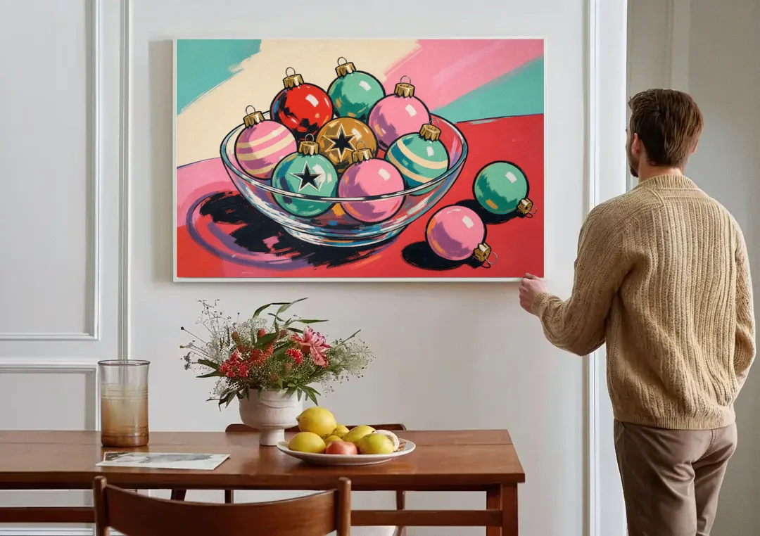 Christmas Still Life Painting of a Bowl of Baubles canvas wall art above a dining table
