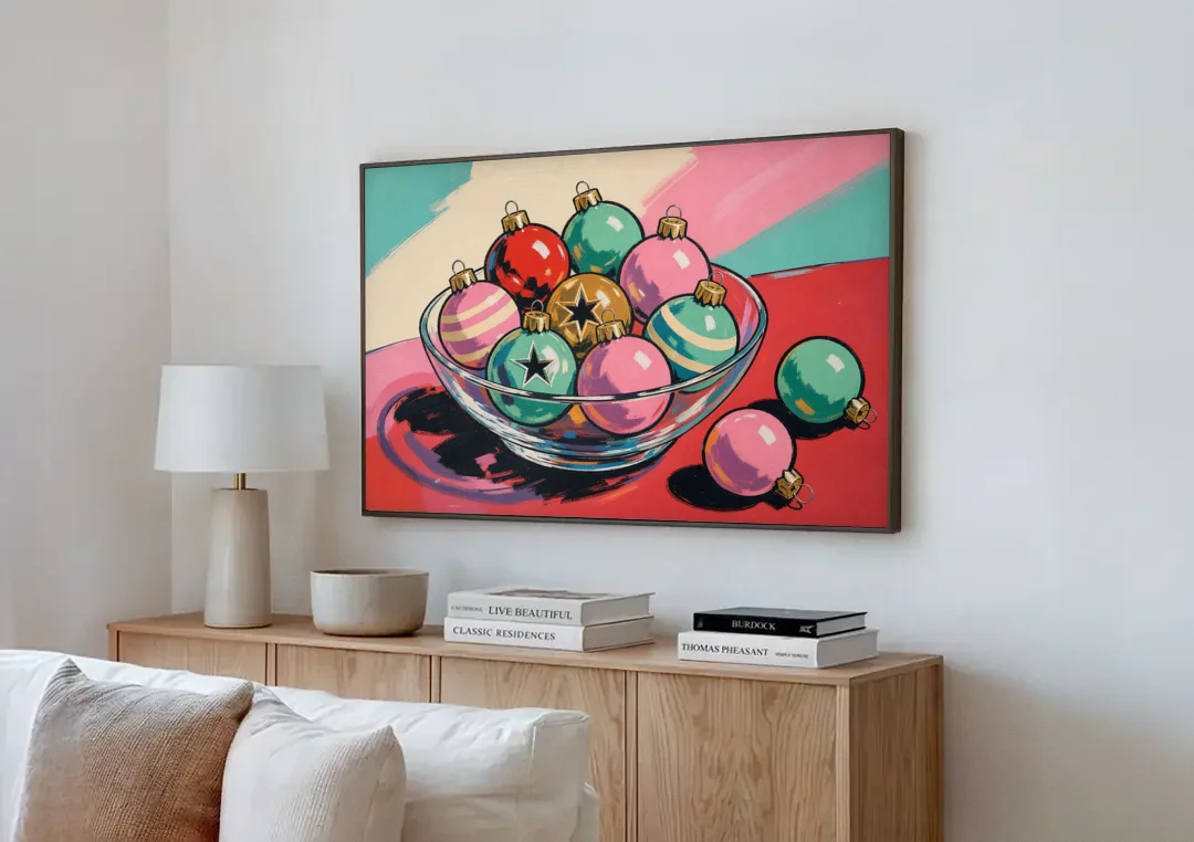 Christmas Still Life Painting of a Bowl of Baubles canvas wall art above a wooden sideboard next to a sofa