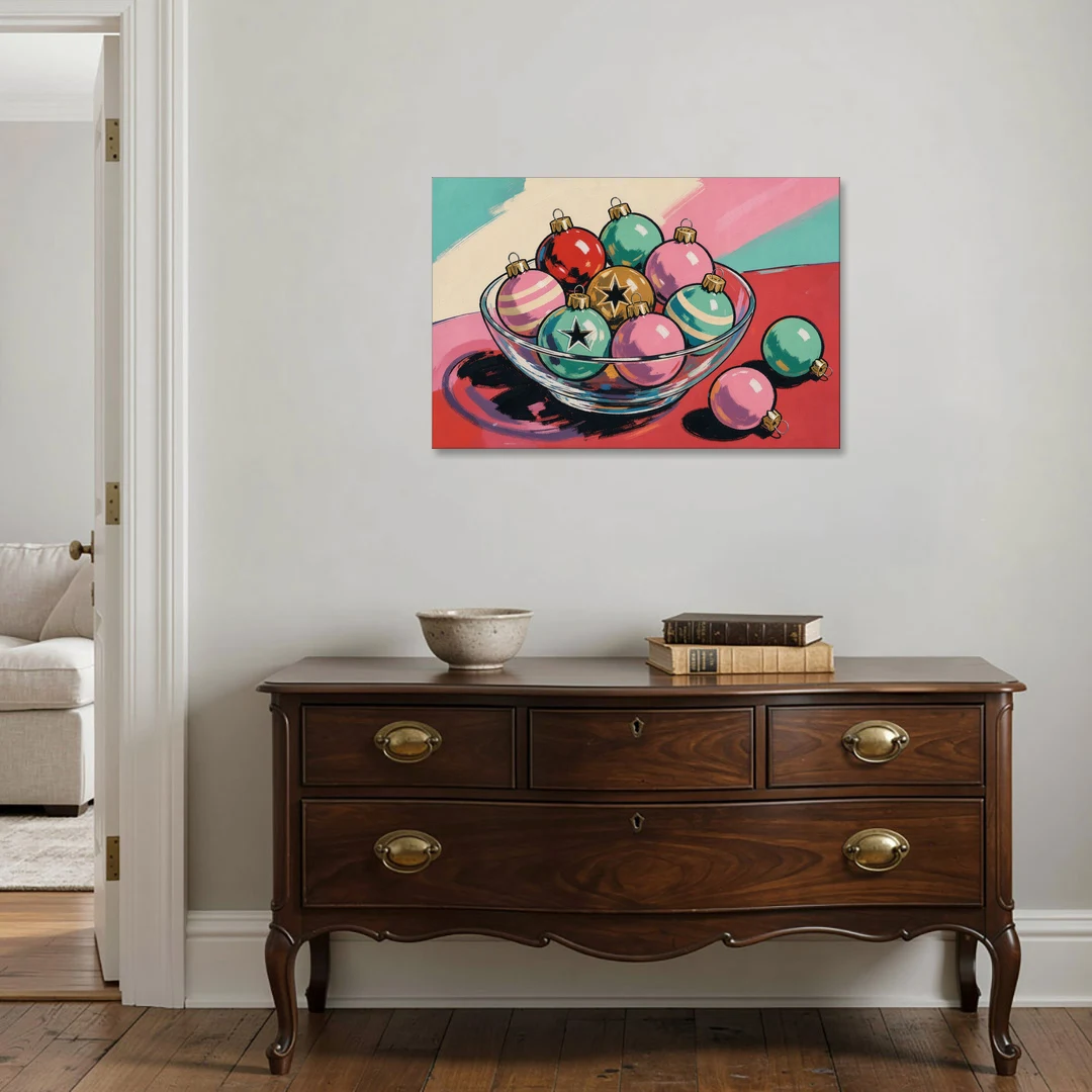 Christmas Still Life Painting of a Bowl of Baubles - Canvas Wall Art - Coffee Table - 36x24