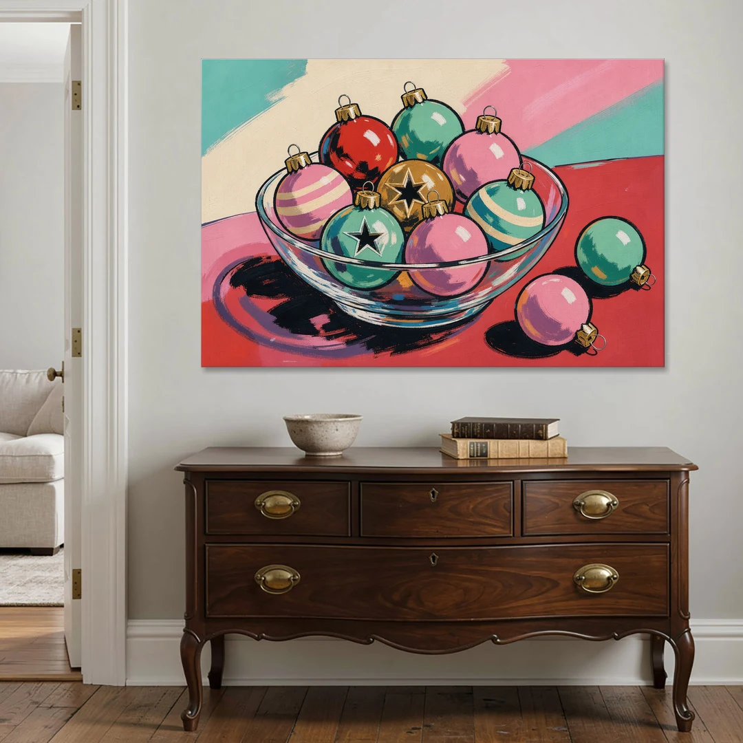 Christmas Still Life Painting of a Bowl of Baubles - Canvas Wall Art - Coffee Table - 60x40
