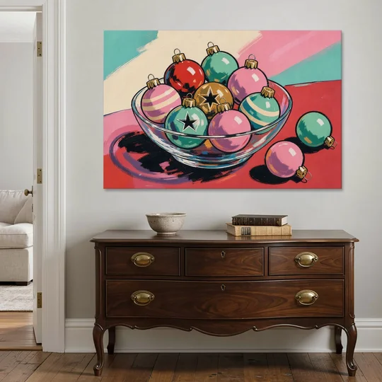 Christmas Still Life Painting of a Bowl of Baubles - Canvas Wall Art - Coffee Table - 60x40