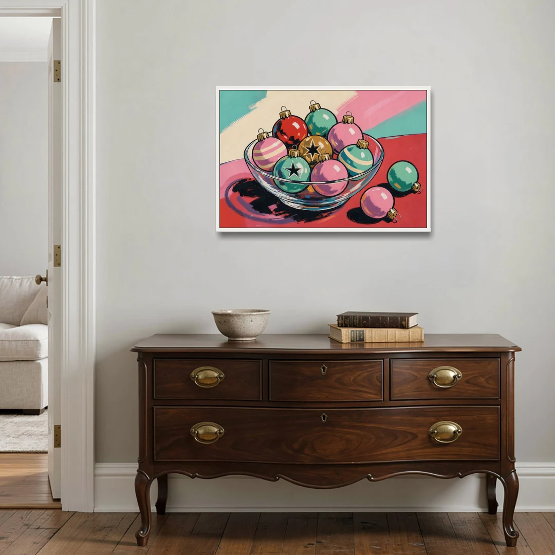 Christmas Still Life Painting of a Bowl of Baubles - White Framed Canvas Wall Art - Coffee Table - 36x24