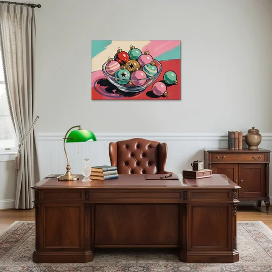 Christmas Still Life Painting of a Bowl of Baubles - Canvas Wall Art - Office - 36x24