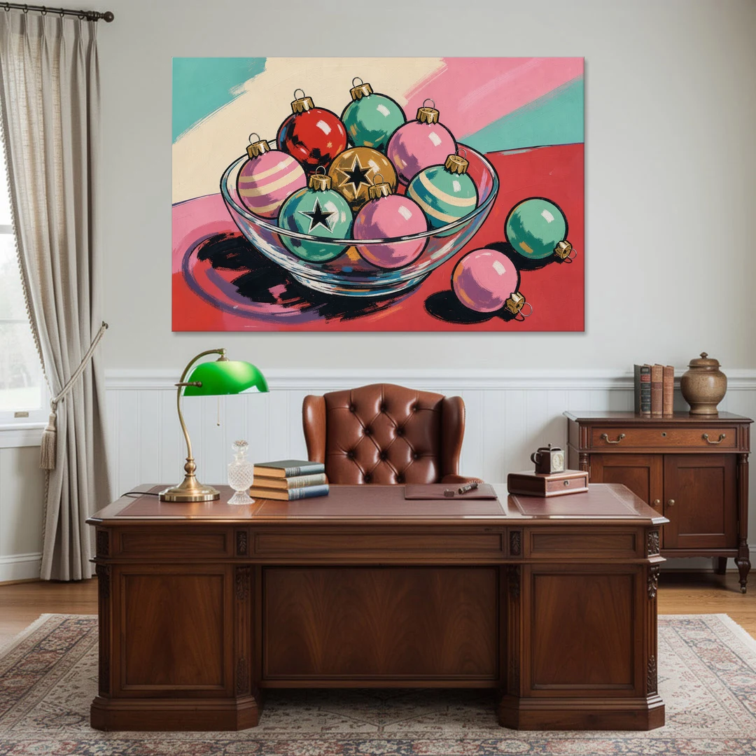 Christmas Still Life Painting of a Bowl of Baubles - Canvas Wall Art - Office - 60x40
