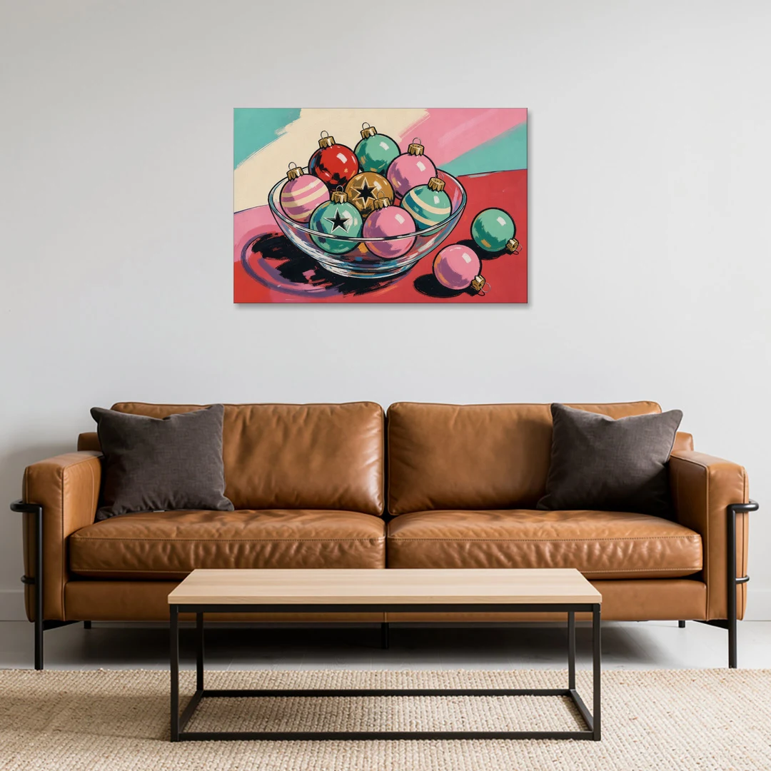 Christmas Still Life Painting of a Bowl of Baubles - Canvas Wall Art - Sofa - 36x24