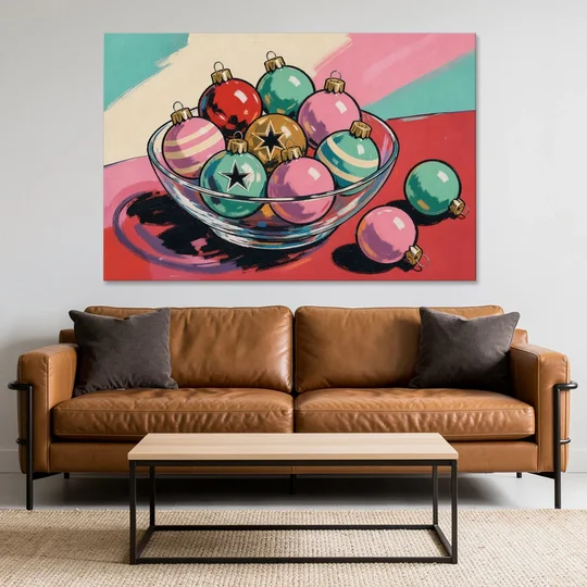 Christmas Still Life Painting of a Bowl of Baubles - Canvas Wall Art - Sofa - 60x40