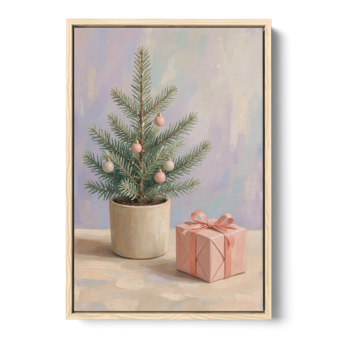 Christmas Tree Art Print with Pink Gift - Oak Framed Canvas Wall Art - Front
