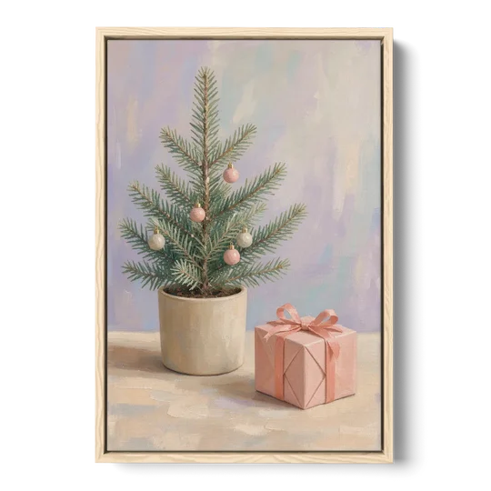 Christmas Tree Art Print with Pink Gift - Oak Framed Canvas Wall Art - Front