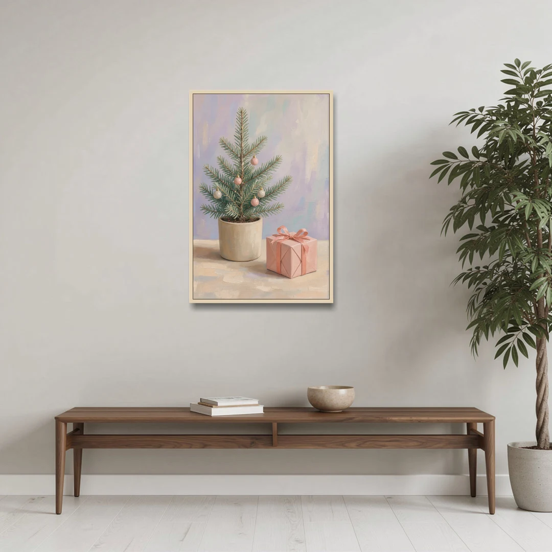 Christmas Tree Art Print with Pink Gift - Oak Framed Canvas Wall Art - Coffee Table - 24x36