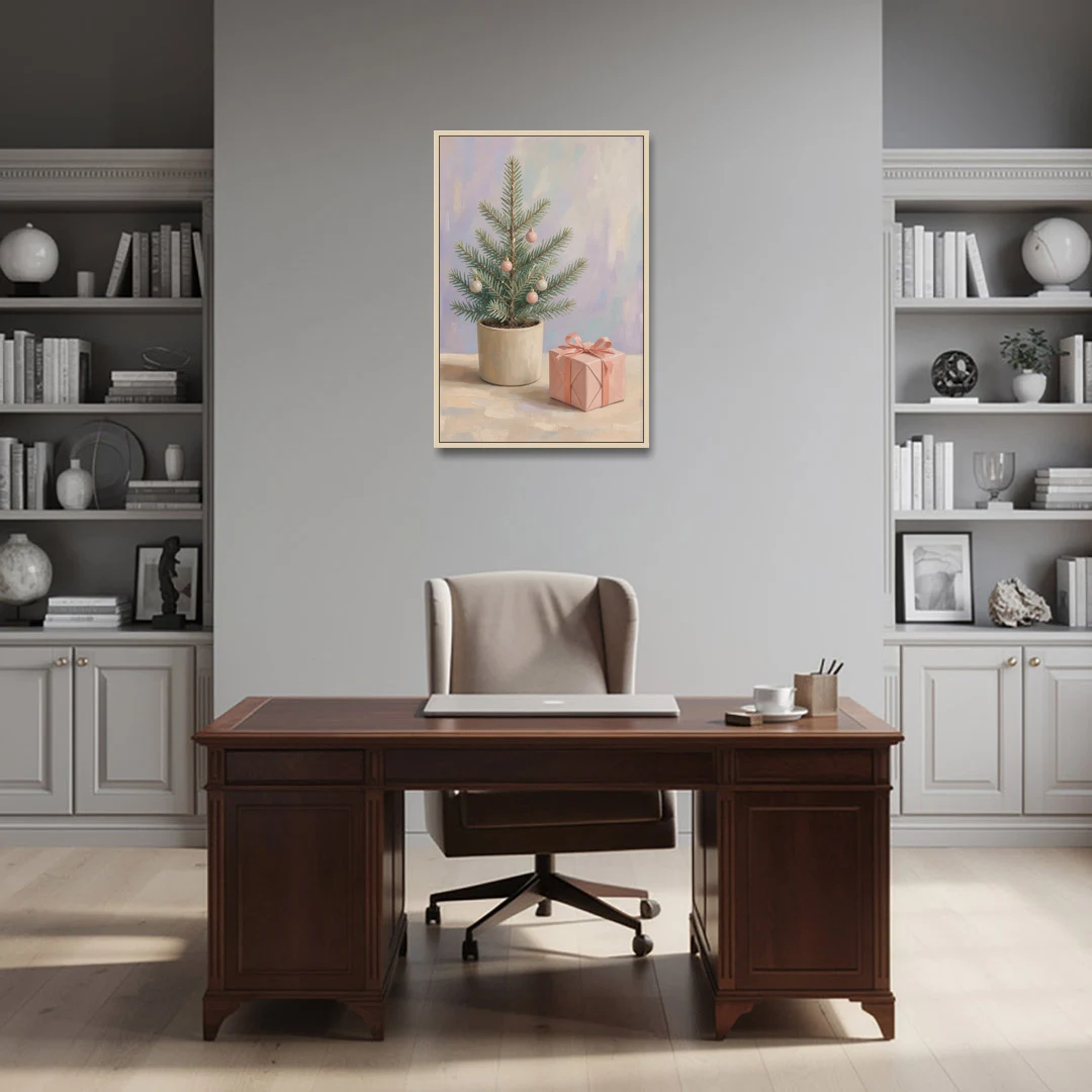 Christmas Tree Art Print with Pink Gift - Oak Framed Canvas Wall Art - Office - 24x36