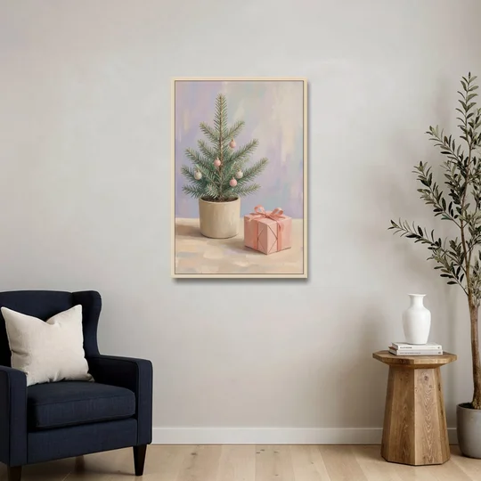Christmas Tree Art Print with Pink Gift - Oak Framed Canvas Wall Art - Sofa - 24x36