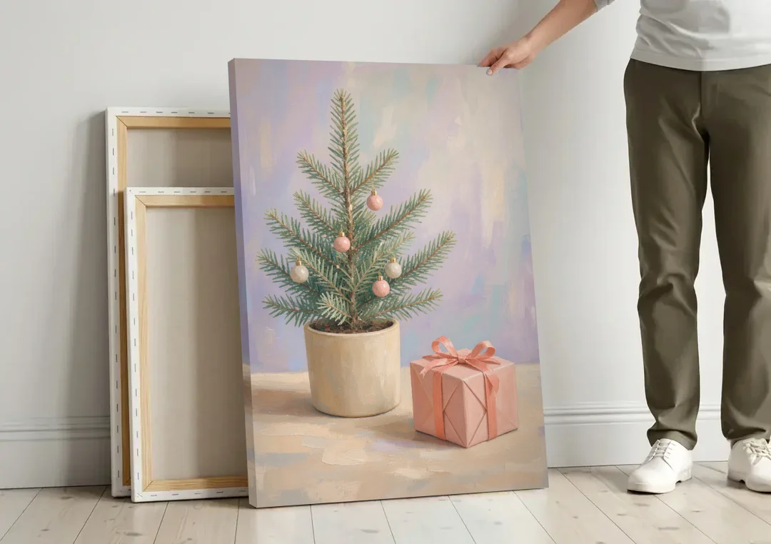 Christmas Tree Art Print with Pink Gift canvas wall art leaning against a wall next to blank canvases
