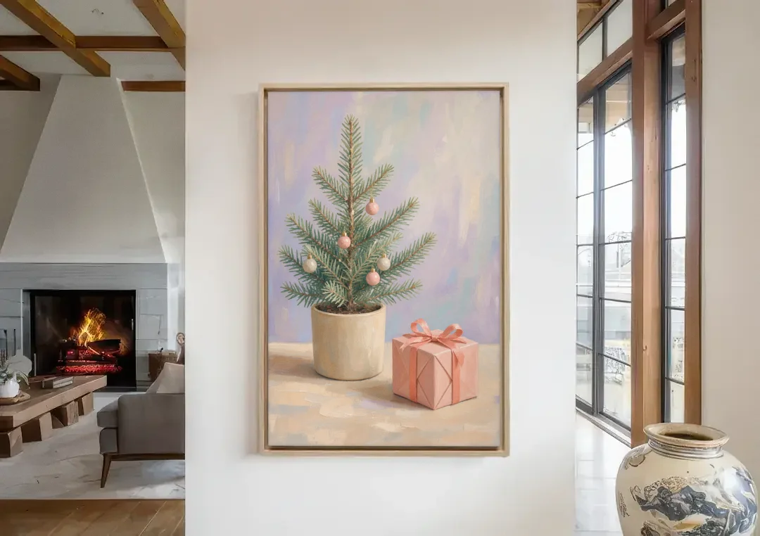 Christmas Tree Art Print with Pink Gift canvas wall art in a living room with a fireplace