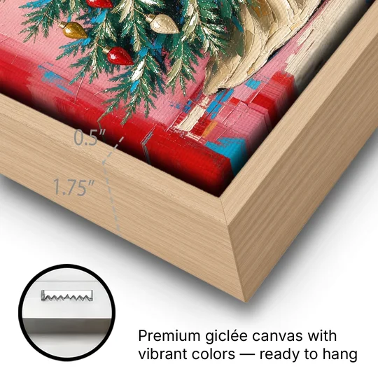 Christmas Tree Canvas Painting with Vintage Bulbs - Oak Framed Canvas Wall Art - Gallery Wrap Corner