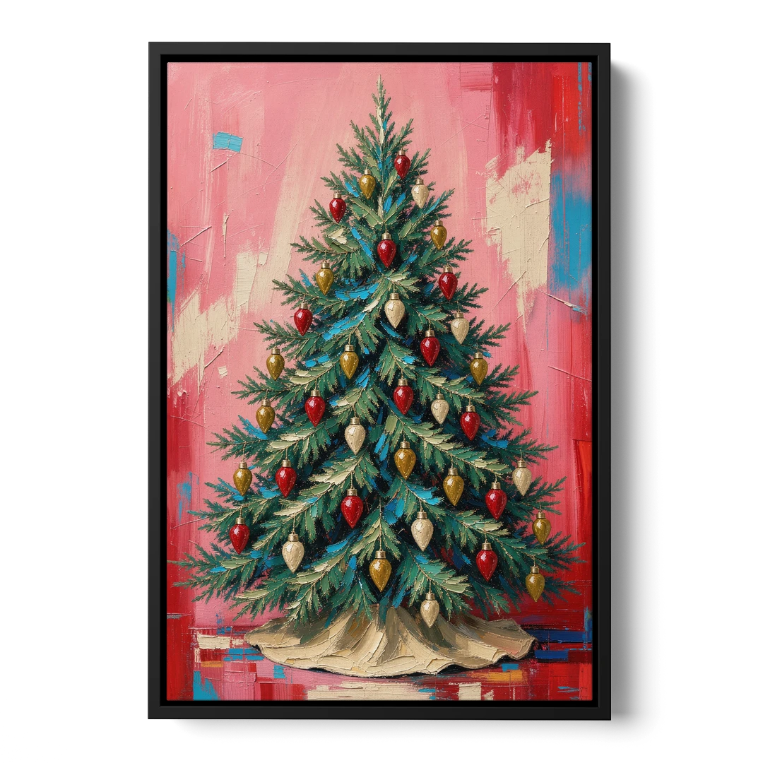 Christmas Tree Canvas Painting with Vintage Bulbs - Black Framed Canvas Wall Art - Front
