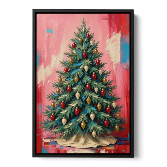 Christmas Tree Canvas Painting with Vintage Bulbs - Black Framed Canvas Wall Art - Front