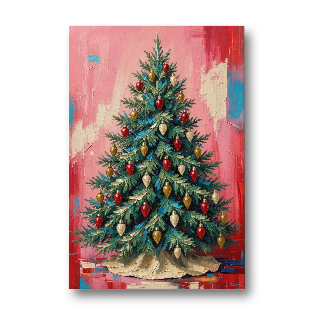 Christmas Tree Canvas Painting with Vintage Bulbs - Canvas Wall Art - Front