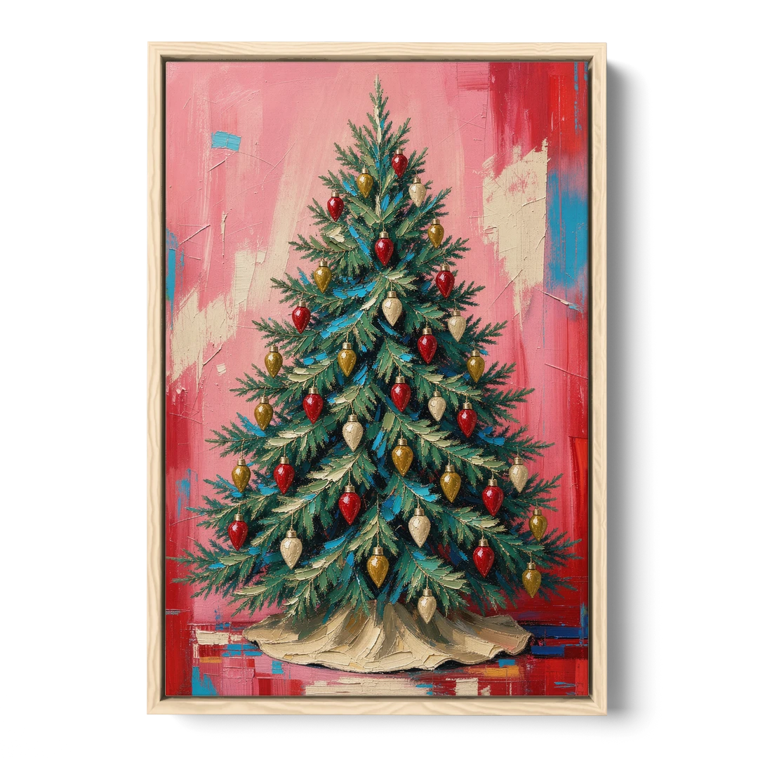 Christmas Tree Canvas Painting with Vintage Bulbs - Oak Framed Canvas Wall Art - Front