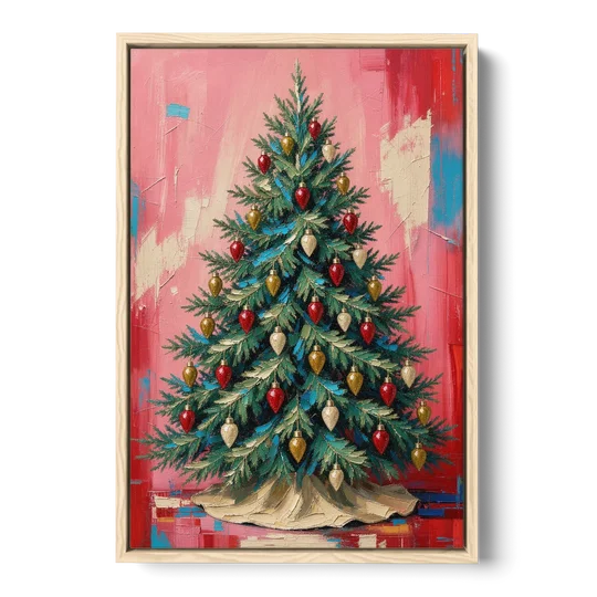 Christmas Tree Canvas Painting with Vintage Bulbs - Oak Framed Canvas Wall Art - Front
