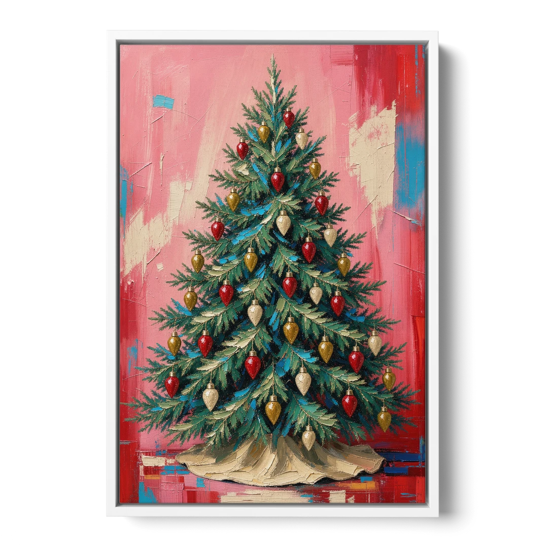 Christmas Tree Canvas Painting with Vintage Bulbs - White Framed Canvas Wall Art - Front