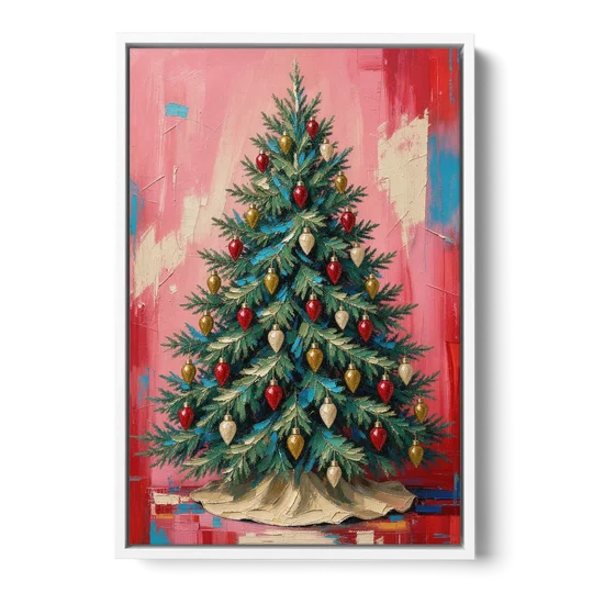 Christmas Tree Canvas Painting with Vintage Bulbs - White Framed Canvas Wall Art - Front