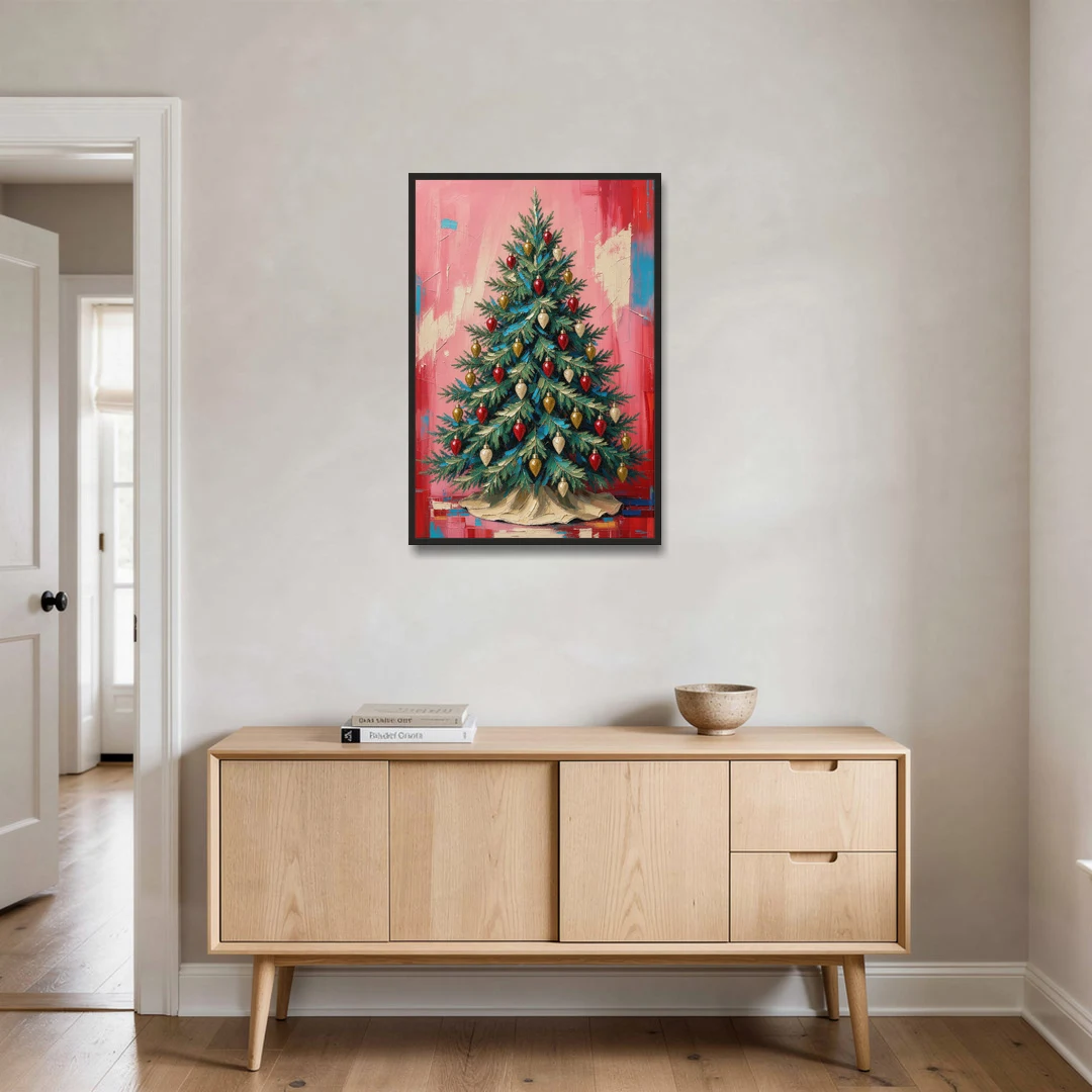 Christmas Tree Canvas Painting with Vintage Bulbs - Black Framed Canvas Wall Art - Coffee Table - 24x36