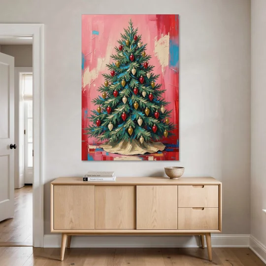 Christmas Tree Canvas Painting with Vintage Bulbs - Canvas Wall Art - Coffee Table - 40x60